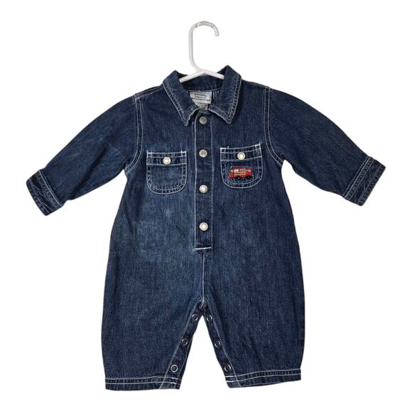 VTG Save The Children Newton Trading Co Denim Romper 3 Mo Blue Embr Fire Truck - Picture 14 of 14